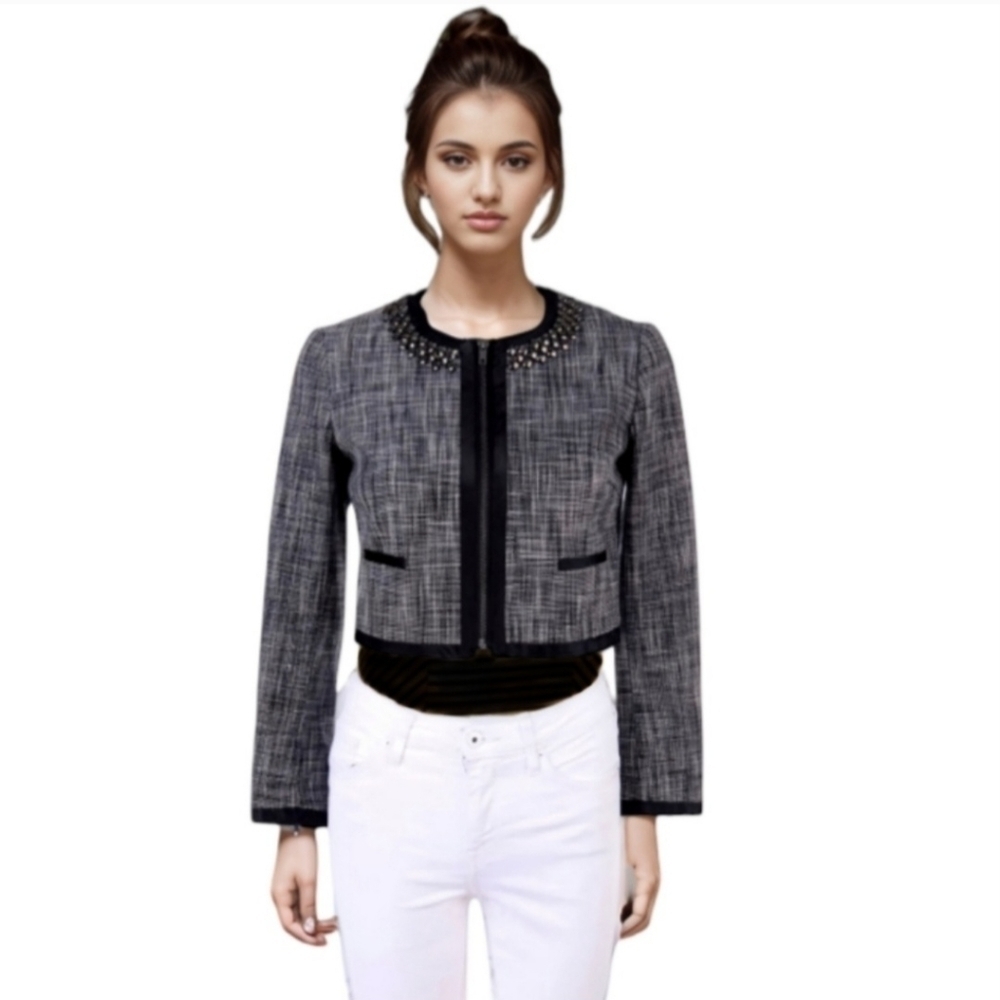 H&M Embellished Zip Up Half Tweed Blazer Size 8